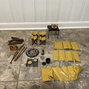 Vtg 70s Mattel Big Jim Camping Trip Accessory Fire Pit, Chairs, Cookware Oars - Picture 1 of 18