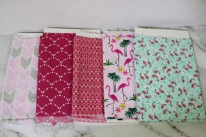 5 Rottami Resti Tessuto Cotone Fenicotteri Geometria Rosa Artigianale Cucito Trapunta Lotto 5yd - Foto 1 di 6