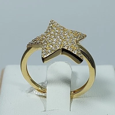 Anello Donna Argento  925 Stella Dorata Pavé Zirconi Bianchi Brillanti Incassati - Immagine 1 di 4