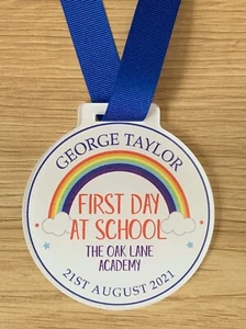 Personalised First Day At School Medal Award Badge Rainbow Gift Present - Picture 1 of 3