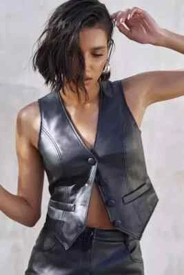 Women Black Stylish Western Waist Coat Fancy Genuine Lambskin Leather Vest Coat - Image 1 of 4