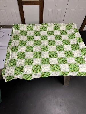 Vintage Handmade Queen Size Afghan Blanket with Green and White Checker Pattern - Image 1 of 3