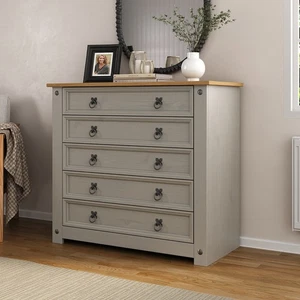 Corona Grey Chest of Drawers 5 Drawer Wax Mexican Solid Pine - Picture 1 of 4