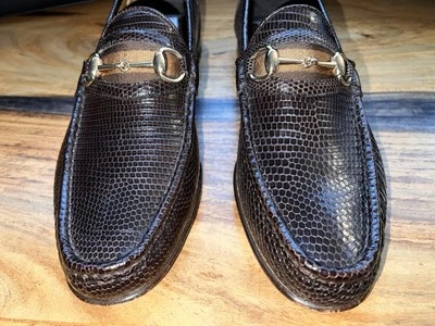 Mocasines Gucci de colección raros con tela marrón piel de lagarto mordida de caballo latón dorado Italia 10 Foto 1 de 4