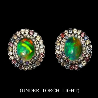 Orecchini in argento sterling 925 opale di fuoco ovale 9x7 mm zaffiro gemma... - Immagine 1 di 4