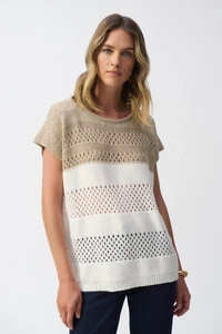 Joseph Ribkoff Vanilla/Gold Color Block Short Dolman Sleeves Pullover Top 251927 - Picture 1 of 10