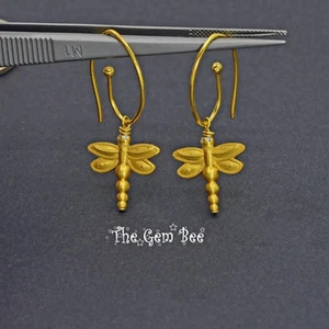 18k Yellow Gold Diamond Eye Dragonfly Granulation Dangle Earrings Interchangable - Picture 1 of 7