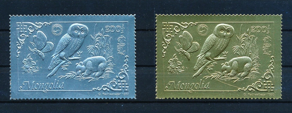 LS65704 Mongolia 1993 gold & silver foil owls animals birds fine lot MNH - Image 1 of 1