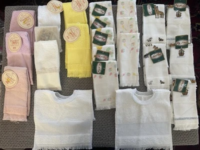 Lot 22 Ready To Cross Stitch Fingertip Hand Towels, 12 Baby, 2 Bibs, 8 Solid - Image 1 of 4