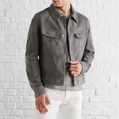 Chaqueta Rider Look: Camisa clásica gris de gamuza de cuero para hombre con detalle de botones Foto 1 de 3