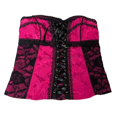 Vintage Tripp NYC Corset Top Size M, Black Pink Floral, Lace Up Front & Zip Back - Image 1 of 4