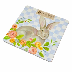 Easter Bunny Rabbit Spring Flowers Gingham Cork Hardboard Square Placemats Set/4 - Picture 1 of 1