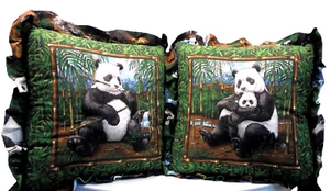Panda Bear Handmade Ruffled Pillows Quilted Puffed 18" x 18" Vibrant Colors - Picture 1 of 7