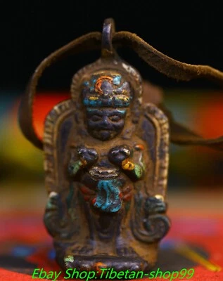 Ciondolo amuleto Buddha divinità zakiram bronzo dipinto bronzo tibetano antico 2,3'' - Immagine 1 di 4
