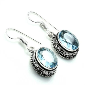 Aquamarine Gemstone Handmade 925 Sterling Silver Jewelry Earring Size 1.20 - Picture 1 of 1