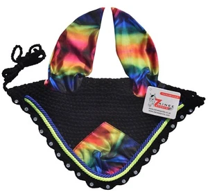 RAINBOW MULTICOLOR PRINTED HORSE FLY BONNET VEIL MASK COSTUME FANCY WEAR ZAINEE - Picture 1 of 1