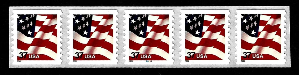 UNITED STATES, SCOTT # 3633, COIL STRIP OF 5 STAMPS WITH PNC #B1111, 2002 FLAG - Image 1 of 1