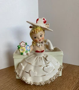 Vintage RELPO Valentine Girl Planter A651 Sweetheart Hearts Spaghetti Lace Trim - Picture 1 of 24