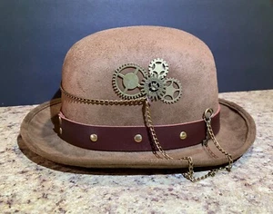 Steampunk Derby Hut braun Kunstleder Herren Einheitsgröße Zahnräder Cosplay Halloween - Bild 1 von 6