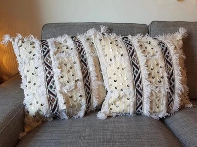 Boho Moroccan Kilim Pillow Cover 20x18 | Handmade Ethnic Fringe Cushion - Image 1 of 4