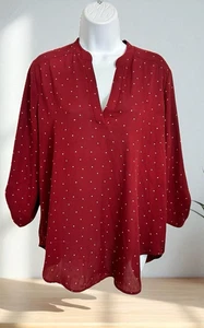 Blusa exuberante granate a lunares talla grande cuello dividido manga 3/4 lengüeta enrollable top carrera - Imagen 1 de 5