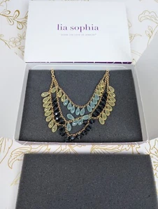 Signed Lia Sophia Gold Tone Metal Yellow Blue Plastic Crystal Necklace Vintage - Picture 1 of 16