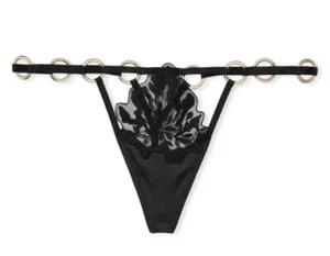 Victoria’s Secret Very Sexy Leaf Embroidery V-string Panty Rings Sz L Black - Picture 1 of 4