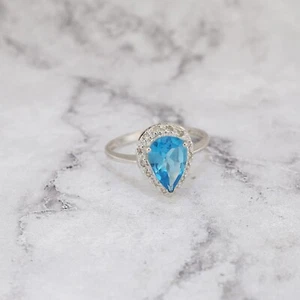 14k Solid White Gold Pear Cut Blue Topaz Round Diamond Halo Engagement Ring 7.5 - Picture 1 of 10