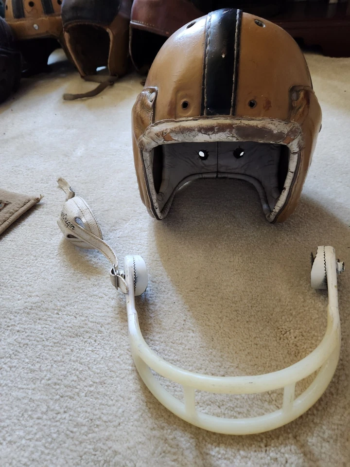 1940's vintage all leather heavy Mac Gregor model H61 football helmet  - Image 1 of 4
