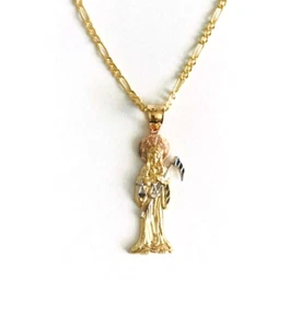 14K Solid Gold Santa Muerte Grim Reaper Pendant Necklace- 20" Figaro Chain -PT97 - Picture 1 of 10
