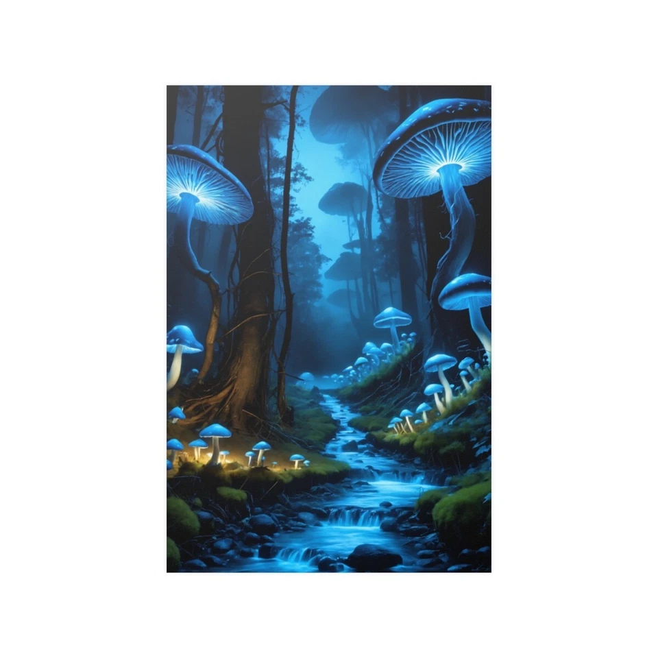 Póster de arte de fantasía pieza de pared bosque de setas escena nocturna acabado satinado Foto 1 de 1