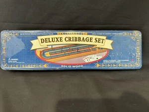 Deluxe Cribbage Set Metal Box Solid Wood Board Continuous Track Vintage New 1999 - Picture 1 of 11