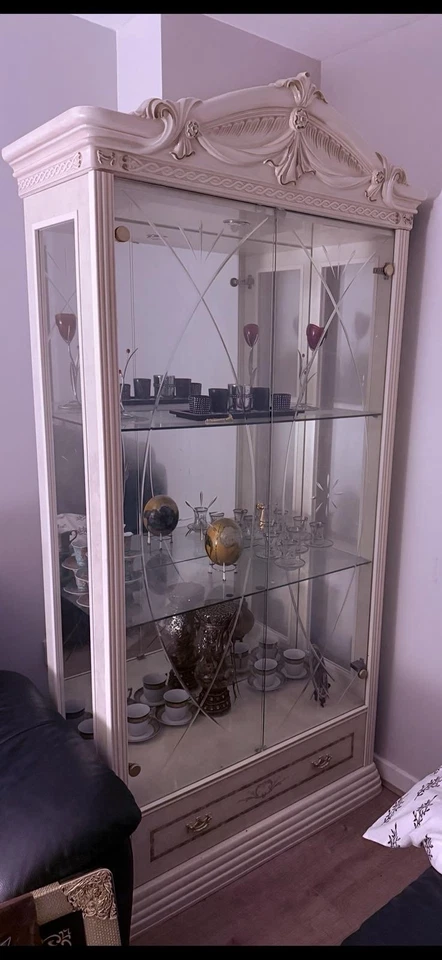 Luxury Italian White Glass Display Cabinet /Curio Unit w Shelves & Drawers 210cm - Image 1 of 1