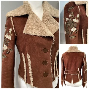 Y2k Candies Faux Suede Fur Jacket L Penny Lane Embroidered Brown Beige Vintage 90's - Bild 1 von 23