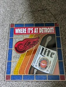 NOS Detroit Red Wings Miller Lite Beer ‘ Where it's at’ Faux Stained Glass Sign - Picture 1 of 7