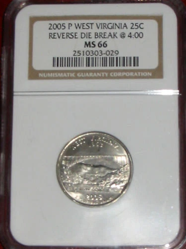NGC BEAUTIFUL SUPERB GEM 2005 NGC MS66 REVERSE DIEBREAK WEST VIRGINIA MINT ERROR - Image 1 of 2