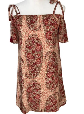 Vestido Madewell Seda Hombro Frío Mujer XS Rosa Rojo Estampado Paisley Acuarela R2 Foto 1 de 4