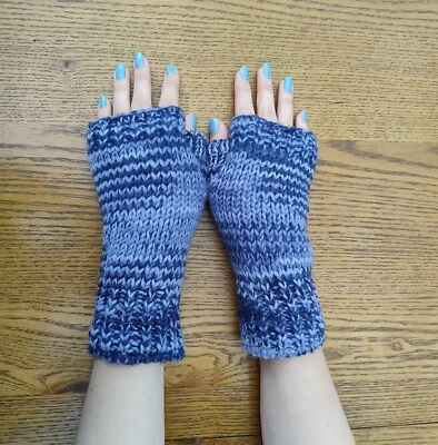 Hand Knitted Lined Wool Wrist Warmers Navy Blue Fingerless Gloves Mittens Mitts - Image 1 of 4