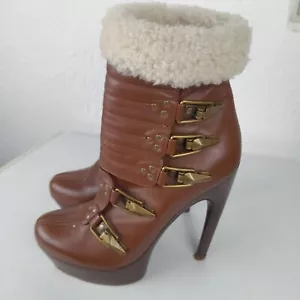 Alexander McQueen Brown Leather Calf Fur Trim Buckled Platform Boots UK 6.5 - Picture 1 of 21