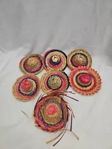 7 Vintage Birthday Party Favor Mini Straw Hat Japan Woven Colorful - Picture 1 of 14