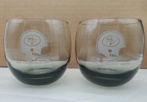 Vintage San Francisco 49er NFL Smoked Glass Lot of 2 Lowball Vintage 70's Cover