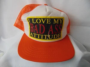 Vintage New Era Trucker Snap Back Cap Bad Ass Attitude USA Orange M-L - Picture 1 of 7