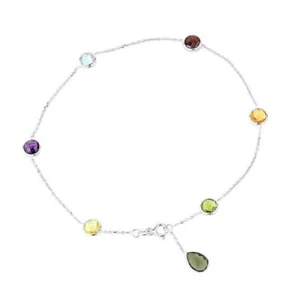 14K White Gold Gemstone Anklet With A Smoky Topaz Pear Shape Drop 9 Inches - Picture 1 of 1