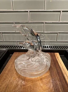 Vintage Royal Crystal Rock Dolphin Mom And Baby Glass Sculpture - Picture 1 of 6