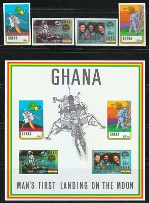 Ghana 1970 MNH Sc 386-389.389a Mi 397B-400B+Bloque 39B I Espacio/Apolo 11** Foto 1 de 2