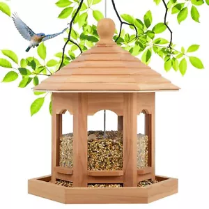 Liawm Wooden Bird Feeder Outdoor Hanging Red Cedar Hexagon Large Capacity - Picture 1 of 7