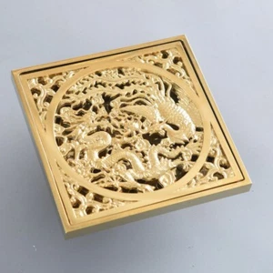 Carved Gold Color Brass Square Shower Drain Floor Waste Drain Cover Strainer - Picture 1 of 7