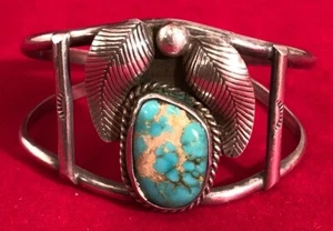 Vintage Old Navajo Native American Handcrafted Silver Turquoise Cuff Bracelet - Bild 1 von 4