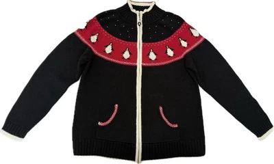 VTG Quacker Factory Sweater Women Size M Black Zip Up Penguins Cardigan Holiday - Image 1 of 4