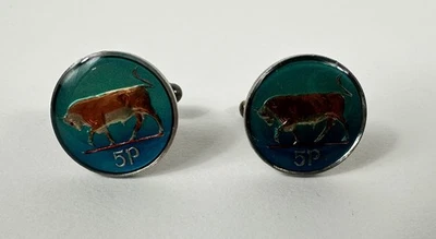 Gemelos moneda de 5 peniques esmaltados toro Irlanda plata de ley 925 Foto 1 de 4